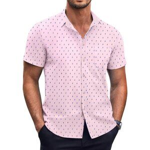 Pink Men Short Sleeve Button Down Wrinkle Free Polka Dot Print Shirt